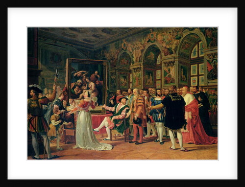 Francis I, King of France, with Leonardo da Vinci, receiving a painting of the Holy Family sent from Rome by Raphael, 1814 by Anicet-Charles Lemonnier
