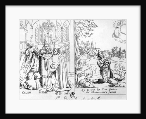 Caricature depicting a Spiritual Dispute between Pope Leo X Martin Luther and John Calvin 1838 by French School