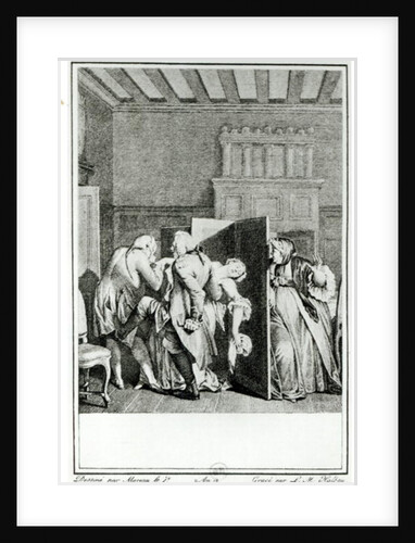 The Baron... saluted Candide with some notable kicks on the breech and drove him out of doors by Jean Michel the Younger Moreau