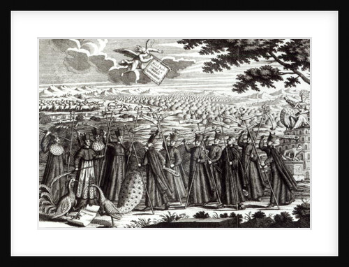 Satirical engraving depicting the Bull Unigenitus Dei Filius and the fight between the Jansenists and the Jesuits, 1714 by French School