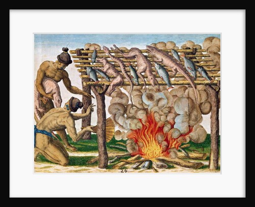 How to grill animals, Timucua indians drying their food, 1564 by Theodor de Bry