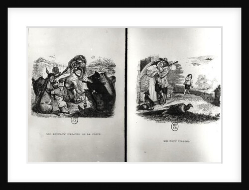 Animals with the Plague and The Two Pigeons, illustrations from the Fables of La Fontaine by Grandville (1803-47)
