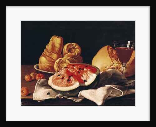 Glass of Wine, Watermelon and Bread by Luis Egidio Menendez or Melendez