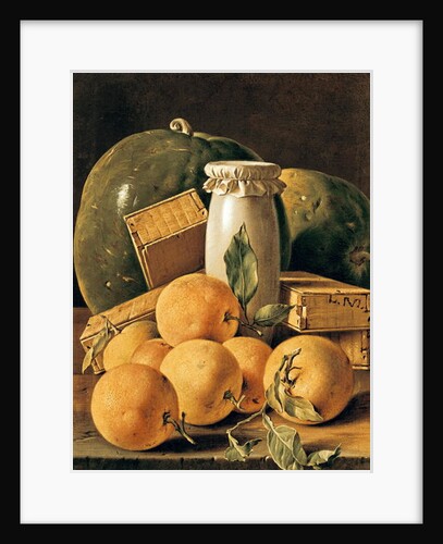 Still Life of Oranges, Watermelon, a Pot and Boxes of Cake by Luis Egidio Menendez or Melendez