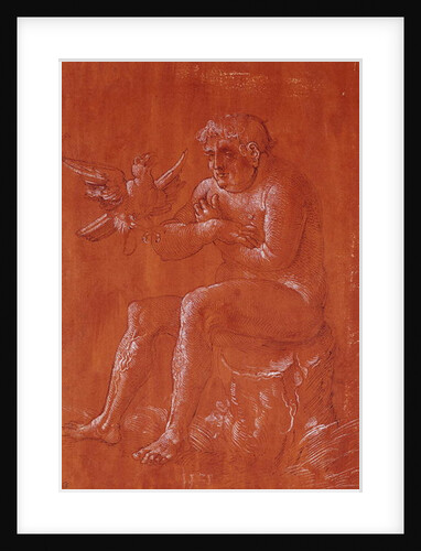 Nude man sitting on a tree trunk listening to a parrot by Hans Baldung Grien