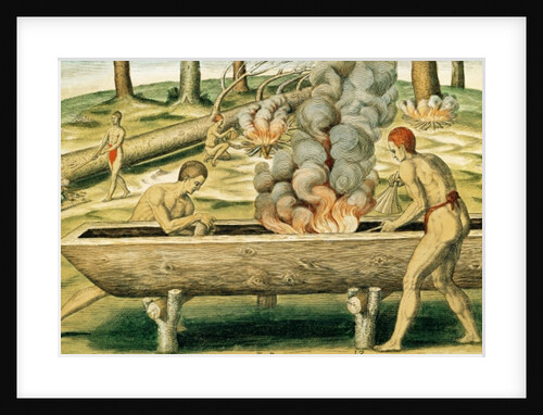 Indians Making a Dugout Canoe by Theodore de after White John Bry