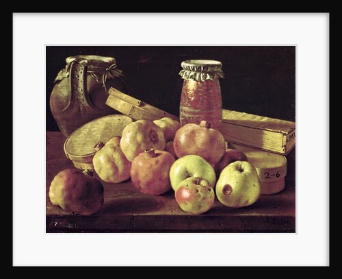 Still Life with Pomegranates, Apples, a Pot of Jam and a Stone Pot by Luis Egidio Menendez or Melendez