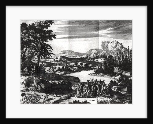 Construction of the 'Griffon' of Rene Robert Cavelier de la Salle on the shore of Lake Erie by Netherlandish School