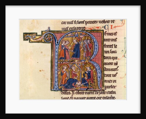 Historiated initial 'R' depicting the Sultan sending his messengers to the Caliph of Egypt and the Sultan kissing the feet of the Caliph by French School