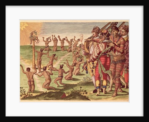 Sun worshipping ritual with an offering of a deer by Jacques Le Moyne