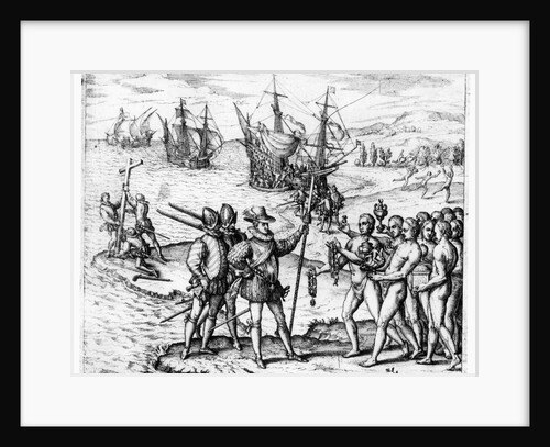 Christopher Columbus receiving gifts from the cacique, Guacanagari, in Hispaniola by Theodor de Bry