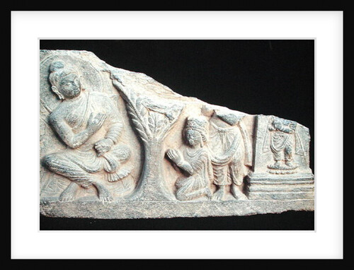 Detail of a relief frieze depicting a seated Buddha with orants, Greco-Buddhist style, from Taxila, Pakistan, 1st-4th century by School Pakistani