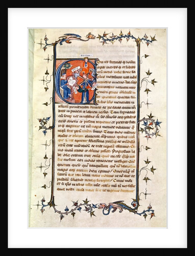 Ms.239 fol.1 Page with a historiated Initial depicting a seated man before the Wheel of Fortune by French School