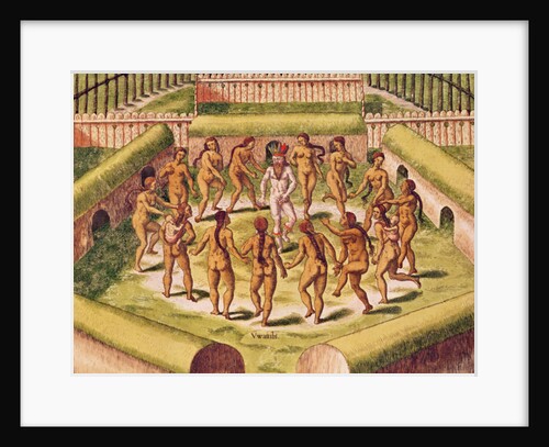 Dancing around a captive before the hut containing the Tamerkas or idols by Theodor de Bry