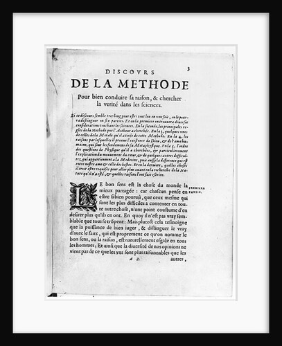 First page of 'Discours de la Methode' by Rene Descartes by French School