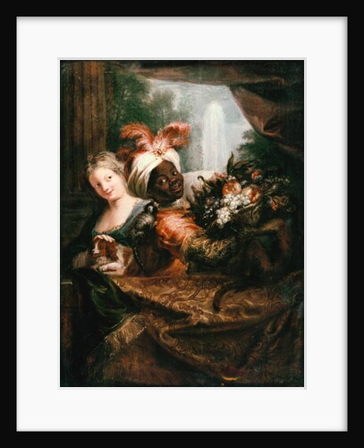 Young Black Man Holding a Basket of Fruit and a Young Girl Stroking a Dog by Antoine Coypel