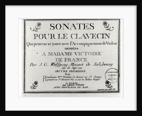 Title Page for 'Sonates pour le clavecin' dedicated to Madame Victoire de France by Mozart. by French School