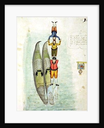 Three men balancing on two gondolas, 1772 by Italian School