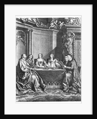 St. Vincent de Paul and Cardinal Jules Mazarin at the Conseil de Conscience of Louis XIV engraved by Gerard Scotin c.1660 by French School