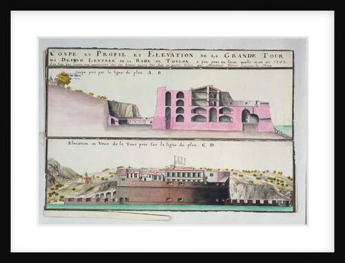 Ms 508/131 K fol.107 Cross-section and elevation of the harbour tower at Toulon by Claude Masse