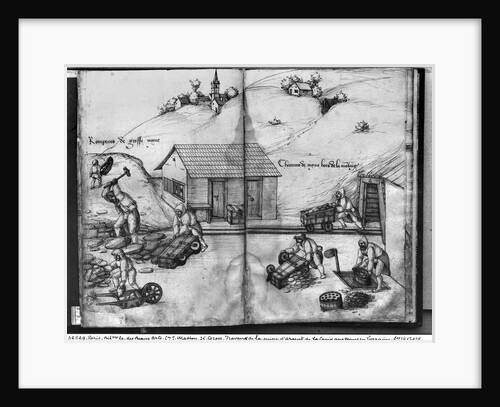 Silver mine of La Croix-aux-Mines, Lorraine, fol.14v and fol.15r, breaking and carrying the ore, c.1530 by Heinrich Gross or Groff