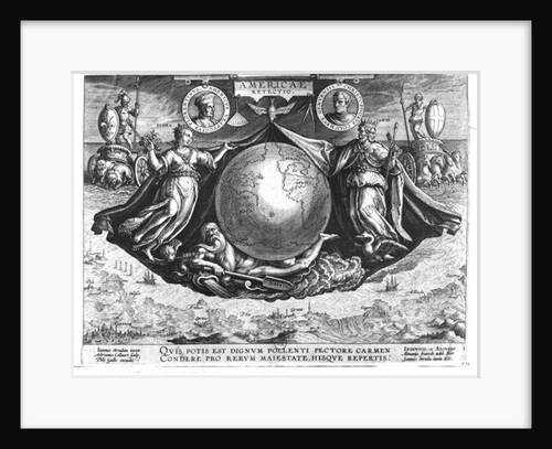 Discovery of America with portraits of Amerigo Vespucci and Christopher Columbus engraved by Jan Collaert printed by Philipp Galle c.1600 by Jan van der Straet