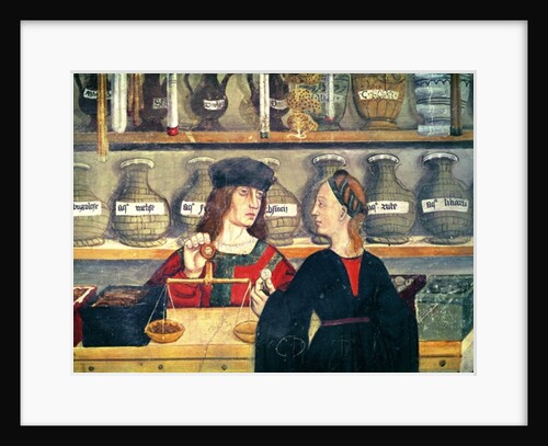 The Pharmacy, detail, Anonymous painting, Val d'Aosta, Castello di Issogne, 15th century by Italian School