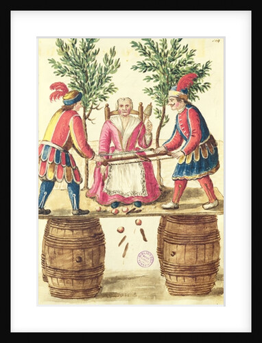 Two Venetian magicians sawing a woman in half by Jan van Grevenbroeck