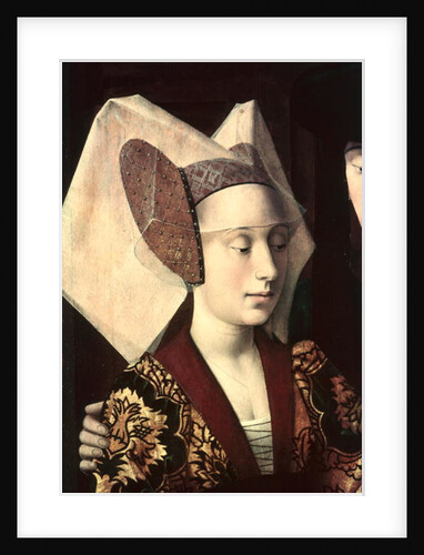 St. Eligius as a goldsmith showing a ring to the engaged couple, detail of the fiancee, 1449 by Petrus Christus