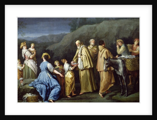Young Girl Offering Eggs to a Group of Monks by Giuseppe Gambarini