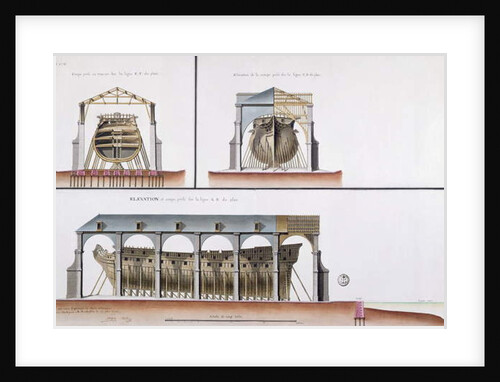 Cross-section and elevation of a ship, 1776 by French School