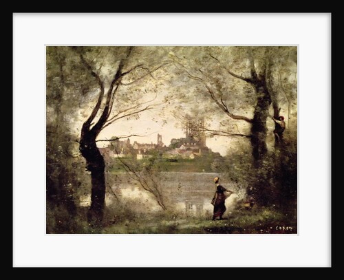 View of the Town and Cathedral of Mantes Through the Trees, Evening by Jean Baptiste Camille Corot