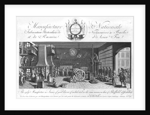 The only manufacture in France of good razors of melted steel in the same manner as that of Sheffield in England, Yorkshire, late 18th century by French School