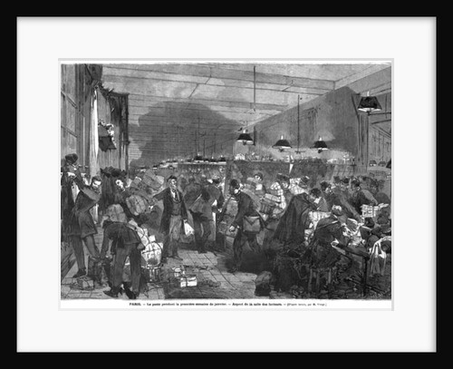 Interior of the Paris post office during the first week of January, the postmen room, engraved by Fortune Louis Meaulle by Daniel Urrabieta (after) Vierge