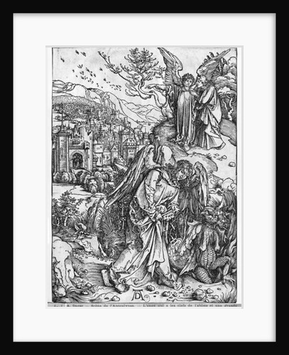 Scene from the Apocalypse, The angel holding the keys of the abyss and a big chain, enchains the dragon for a thousand years by Albrecht Dürer or Duerer