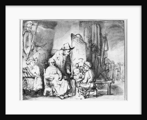 Interior of a studio with a painter painting the portrait of a couple by Rembrandt Harmensz. van Rijn