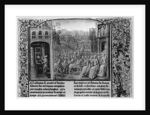 T.4 fol.1 L: Froissart writing his chronicle, R: Isabella of Bavaria entering Paris in 1389 by French School