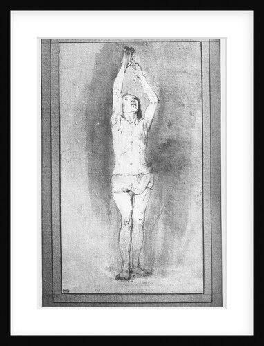 Young boy with a loincloth, both hands hanged on a small bar by Rembrandt Harmensz. van Rijn