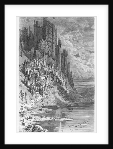 Fantasy landscape with town and castle by Gustave Dore