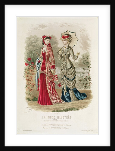 Fashion plate showing hats and dresses by French School