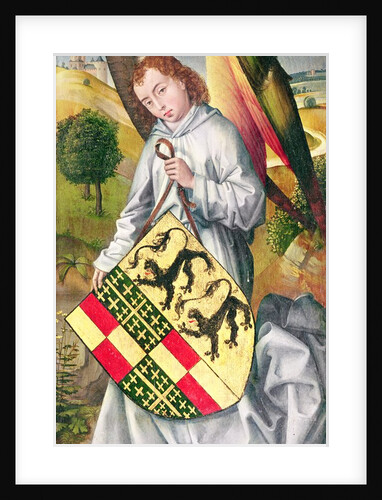 Angel holding a shield with the heraldic arms of de Chaugy and Montagu families with the two leopards of the de Jaucourt family, 1460-66 by Rogier van der (attr. to) Weyden
