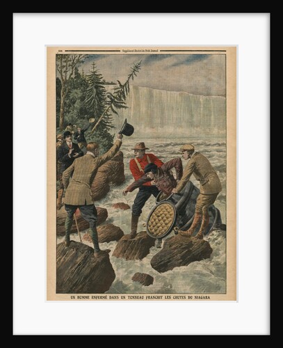 A man in a barrel crossing the Niagara Falls by French School