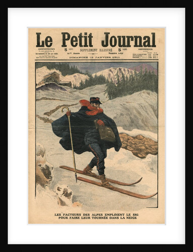 Alpine postmen using ski during their rounds in the snow, 1911 by French School