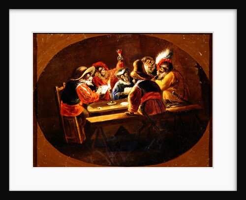 Monkeys dressed as soldiers playing cards and carousing by David the Younger (after) Teniers