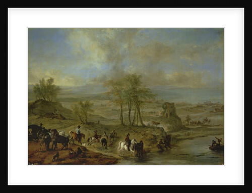 Departing for the hunt and fishing in the river by Philips Wouwermans or Wouwerman