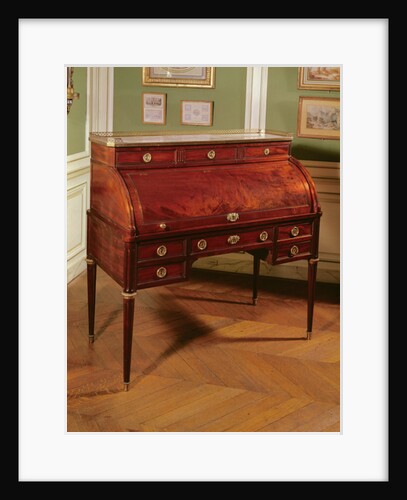 Louis XVI cylinder-top mahogany-veneered Bureau with gilt bronze mounts, Carrara marble top flanked by candelabrum by Jean-Henri Riesener