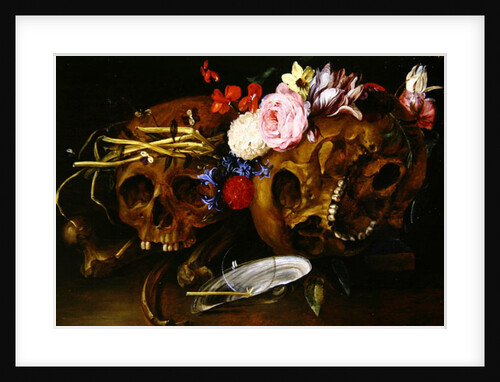 Vanitas Still Life with Skulls, Flowers, a pearl mussel shell, a bubble and straw by Nicolaes van Veerendael