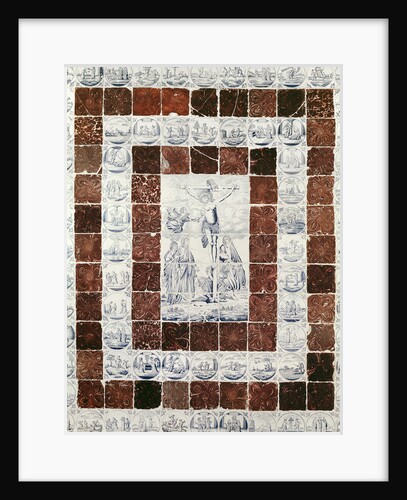 Delft tiles depicting the Crucifixion with a border of tiles with scenes from the Old and New Testaments by Dutch School