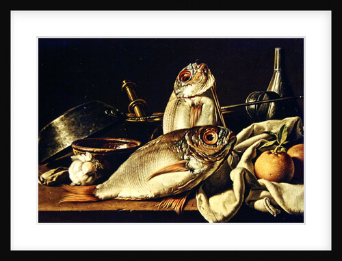 Still Life of fishes, oranges and garlic by Luis Egidio Menendez or Melendez