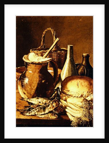 Still Life with bread, fishes and leeks by Luis Egidio Menendez or Melendez